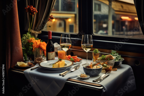 A restaurant in a train with a beautiful view outside the window. Dining car  vagon restaurant. A table with delicious food and wine. Generative AI professional photo.