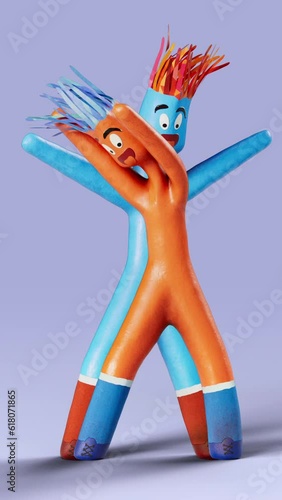 Air dancers, inflatable tube men are dancing and waving arms. Cartoon funny puppets with blowing wind for advertising and promotion, computer graphics, 3d digital object photo