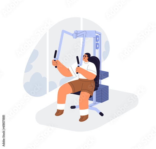 Person training chest and arms muscles at butterfly machine. Man doing strength and power exercise in gym. Muscular workout for upper body. Flat vector illustration isolated on white background