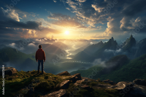 a lone figure standing on a mountaintop, gazing out at the vast expanse of the surrounding landscape, symbolizing the stoic pursuit of tranquility and the embrace of nature's grand Generative AI