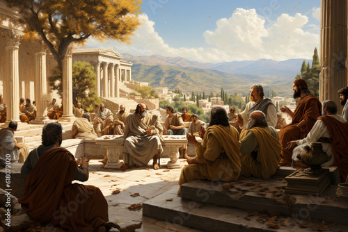 An artistic representation of the Stoa Poikile, the painted porch in Athens where Stoic philosophers would gather to discuss their ideas and teachings, capturing the essence of the Generative AI photo