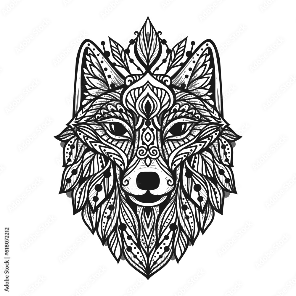 Obraz premium Wolf mandala. Vector illustration. Adult coloring page. Spiritual Animal in Zen boho style. Sacred, Peaceful. Tattoo tribal print. Black and white