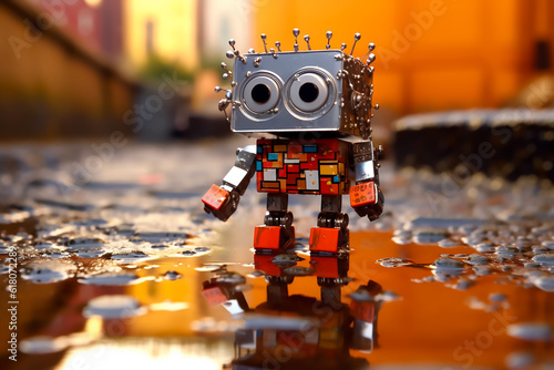 Cute tiny robot in the rain