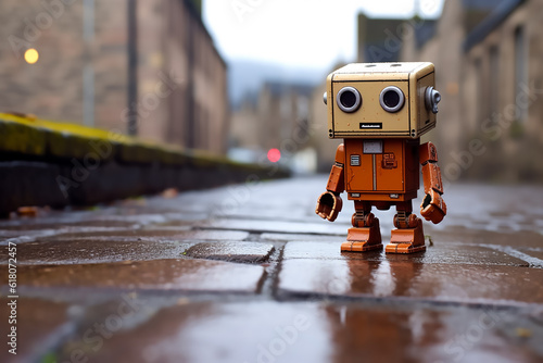 Cute tiny robot in the rain