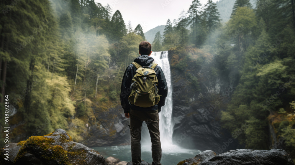 Young Man in Hiking Gear Standing on a Rock Looking Towards a Waterfall in a Conifer Forest - obrazy, fototapety, plakaty 