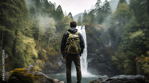 Leinwand Poster Young Man in Hiking Gear Standing on a Rock Looking Towards a Waterfall in a Con
