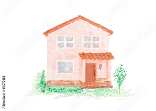 緑のある家の柔らかいタッチの水彩イラスト