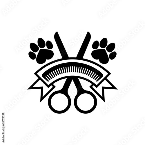 Dog and cat grooming logo design template. Paw print with comb and scissors. Vector clipart and drawing. Isolated illustration on white background.	
