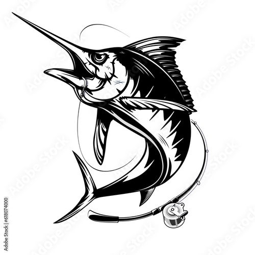 Marlin fishing logo vector; illustration. Swordfish fishing emblem isolated. Ocean fish logo. Saltwater fishing theme.