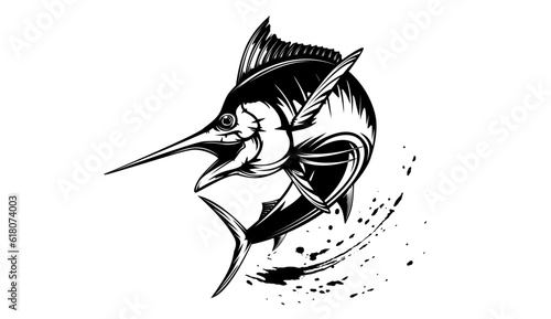 Marlin fishing logo vector; illustration. Swordfish fishing emblem isolated. Ocean fish logo. Saltwater fishing theme.