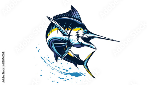 Marlin fishing logo vector; illustration. Swordfish fishing emblem isolated. Ocean fish logo. Saltwater fishing theme.