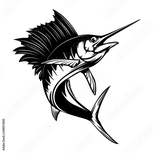 Marlin fishing logo vector; illustration. Swordfish fishing emblem isolated. Ocean fish logo. Saltwater fishing theme.
