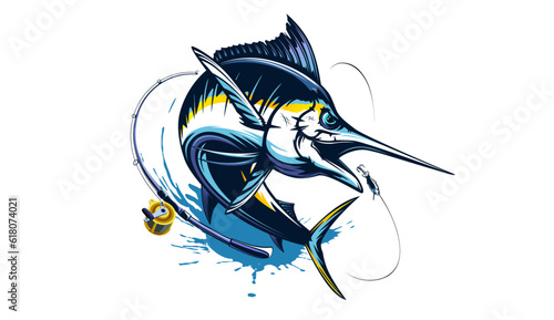 Marlin fishing logo vector; illustration. Swordfish fishing emblem isolated. Ocean fish logo. Saltwater fishing theme.