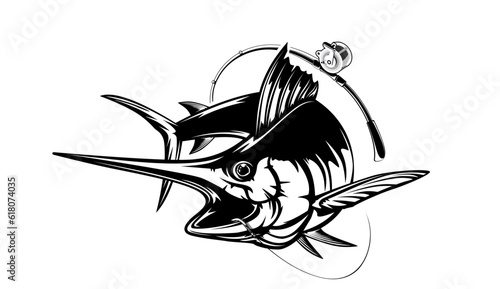 Marlin fishing logo vector; illustration. Swordfish fishing emblem isolated. Ocean fish logo. Saltwater fishing theme.