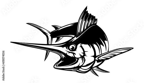 Marlin fishing logo vector; illustration. Swordfish fishing emblem isolated. Ocean fish logo. Saltwater fishing theme.