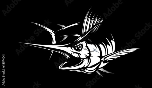Marlin fishing logo vector; illustration. Swordfish fishing emblem isolated. Ocean fish logo. Saltwater fishing theme.