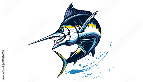 Marlin fishing logo vector; illustration. Swordfish fishing emblem isolated. Ocean fish logo. Saltwater fishing theme.