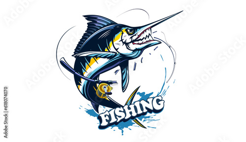 Marlin fishing logo vector; illustration. Swordfish fishing emblem isolated. Ocean fish logo. Saltwater fishing theme.