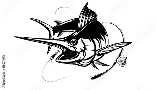 Marlin fishing logo vector; illustration. Swordfish fishing emblem isolated. Ocean fish logo. Saltwater fishing theme.