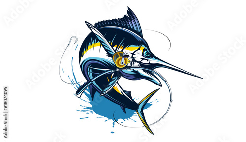 Tuna fishing logo vector  illustration. Tuna fishing emblem isolated. Ocean fish logo. Saltwater fishing theme.