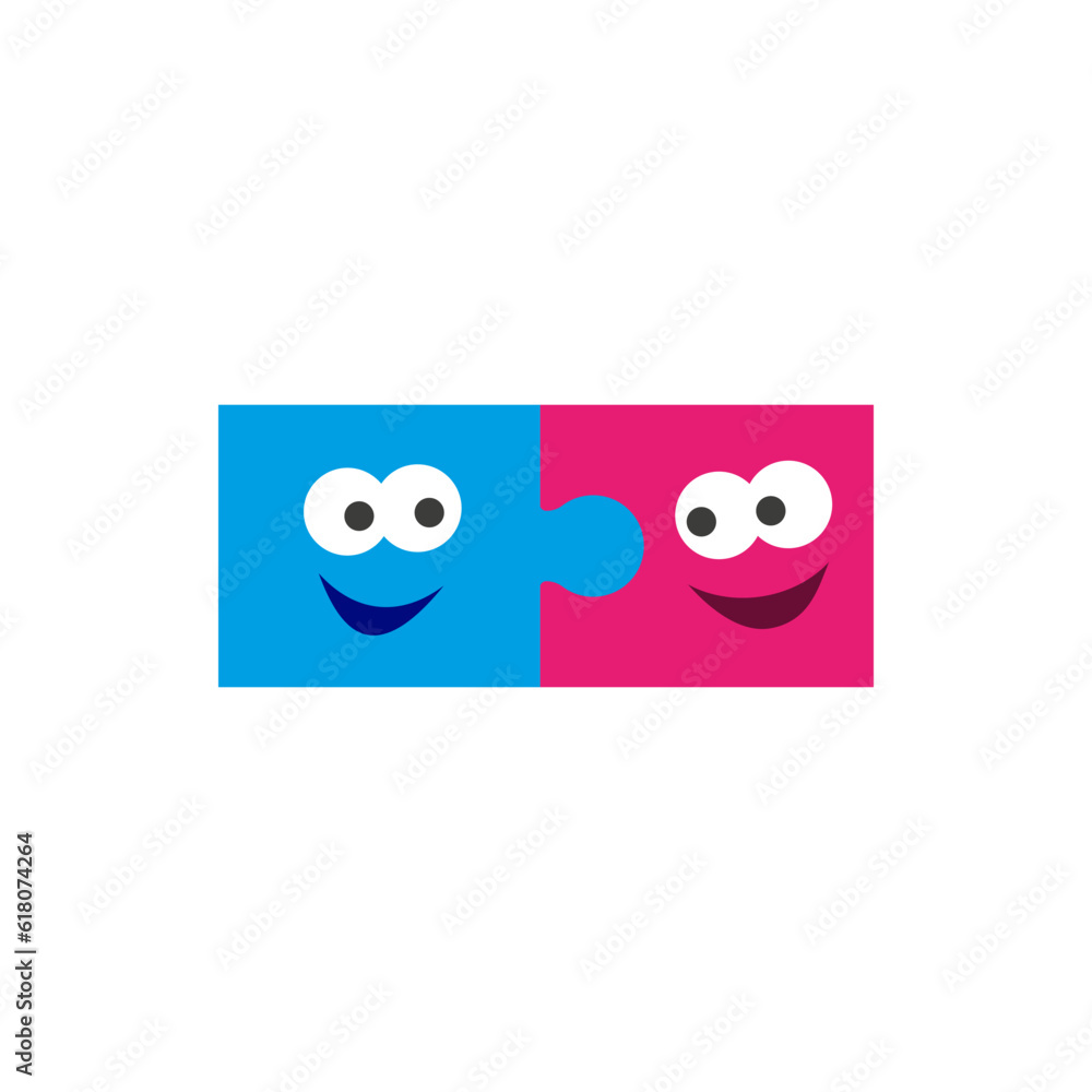 Fototapeta premium Two cartoon puzzle pieces with funny faces joined together.