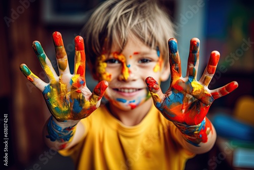Happy child showing hands covered in paint after painting at art class. Generative Ai image