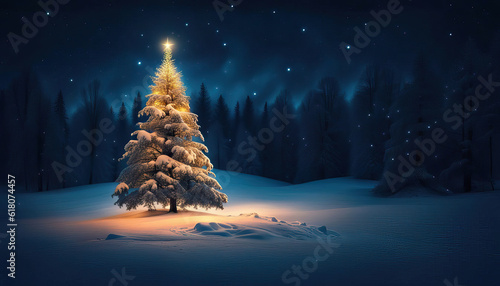 Snow covered christmas tree in winter forest with copy space at night