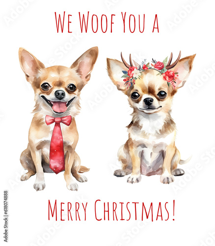 Watercolor Christmas chihuahua. Xmas cute dog in hat, tie and bow. Merry Christmas chihuahua. AI generated. © Берилло Евгения