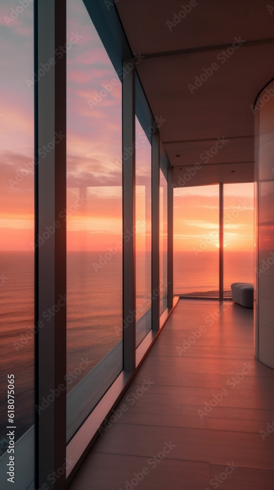 AI generated illustration of an expansive hallway with wide glass windows showcasing a sea at sunset AI generated illustration of an expansive hallway with wide glass windows showcasing a sea at sunset