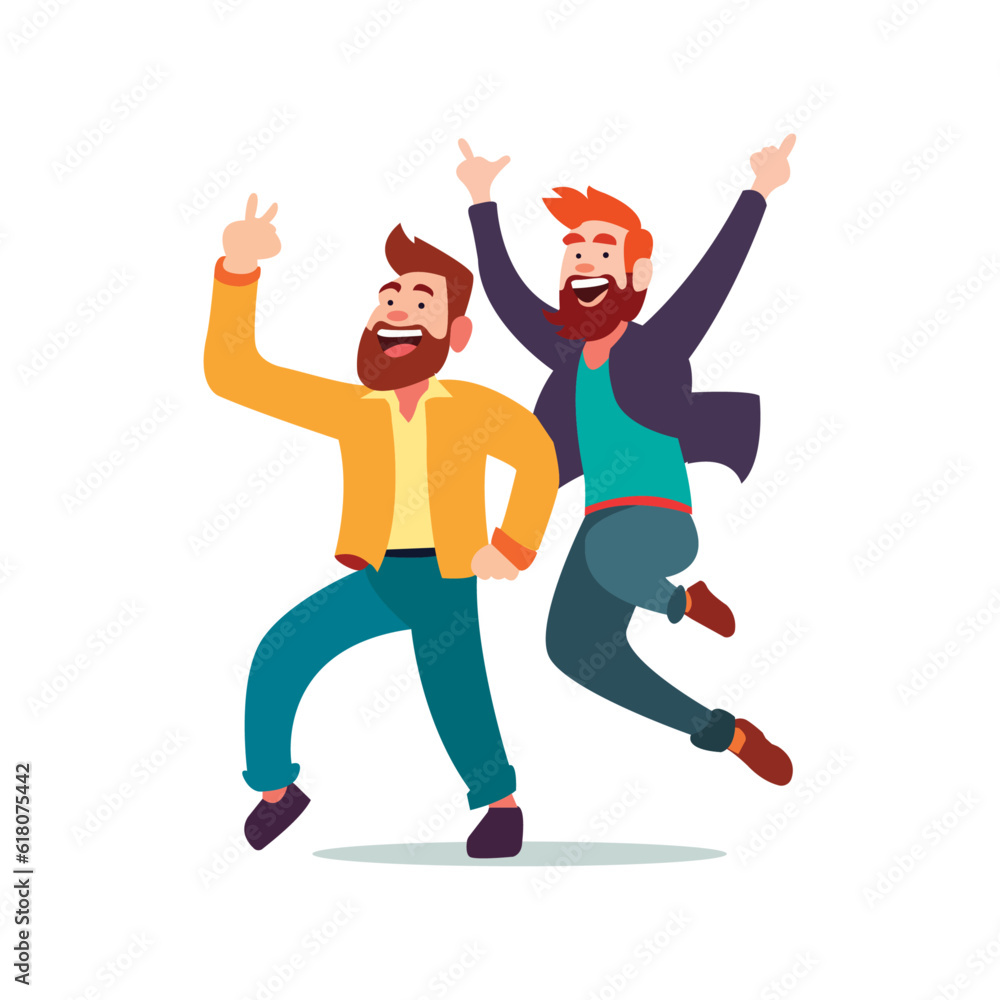 two male bestfriends celebrating happy friendship day by dancing together using vector illustration art