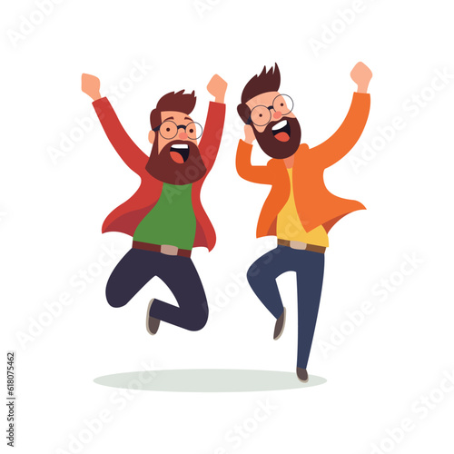 excitedly jumping two mans in colorful clothes using vector illustration art
