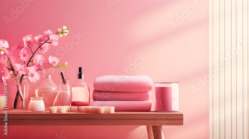 spa still life with pink orchid and pink towel on pink wall created with Generative AI 
