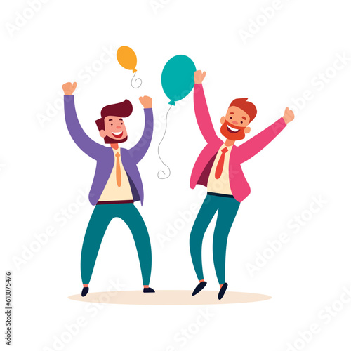 two male friends with balloons and dancing in joy using vector illustration art happy friendship day