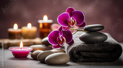 spa setting with orchid and candles created with Generative AI 