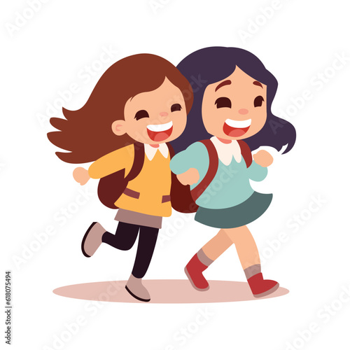 cheerful and adorable girls walking with backpack happy friendship day using vector illustration artwork