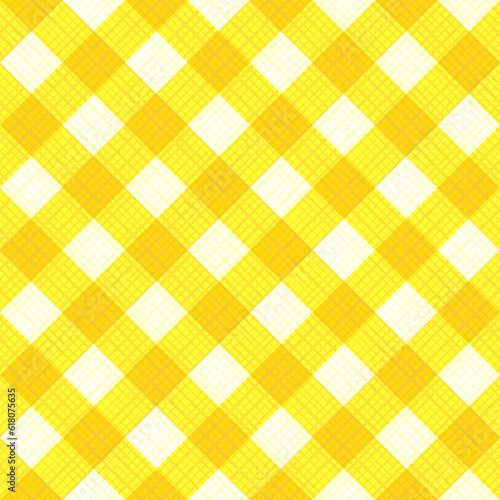 Seamless sunny yellow colors gingham fabric cloth, tablecloth, pattern, swatch, background, or wallpaper with fabric texture visible. Diagonal repeat pattern. Single tile here.
