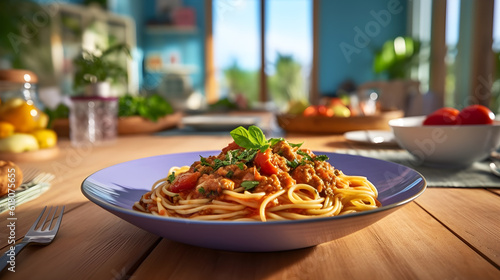  Spaghetti with meatballs and tomato sauce, italian pasta created with Generative AI 