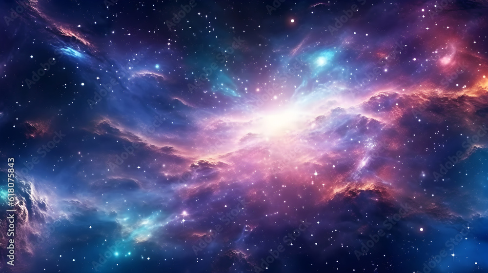 Outer space, universe, nebula, stars, star cluster, blue, purple, pink, bright, astronomy  created with Generative AI 