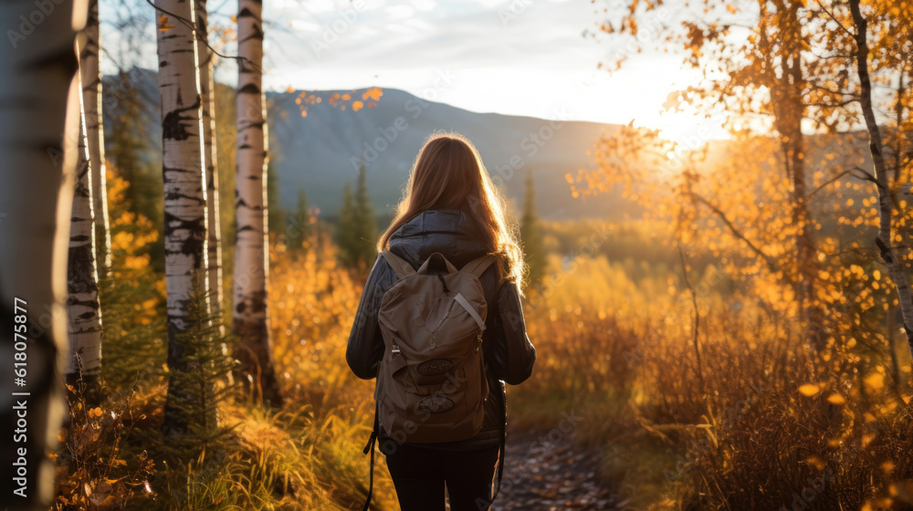 A Young Woman Hiking in a Silver Birch Forest During the Golden Hour A Young Woman Hiking in a Silver Birch Forest During the Golden Hour