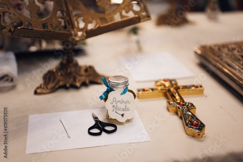 Canvas Print Gift jar with 'Amira Nicole' text near scissors and white paper placed on table