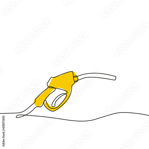Gasoline pump nozzle sign hand drawn with single one continuous line. Fuel pump petrol station. Vector refuel service illustration.
