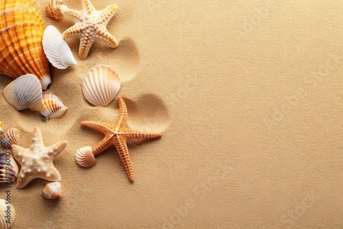 Beachside Wonder. Top view Starfish and Seashells on Beach Background