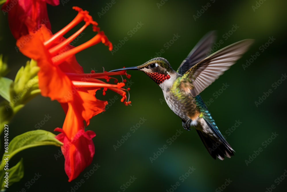 Fototapeta premium Hummingbird in flight, drinks from a flower. Generative AI