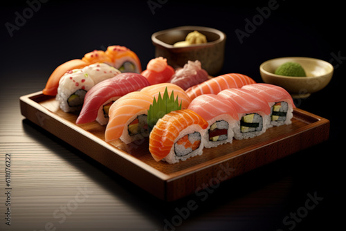 Collection of sushi. Different sets of sushi rolls. Sushi roll with rice, cream cheese, red fish, salmon. Sushi menu. Japanese kitchen. Generative AI.