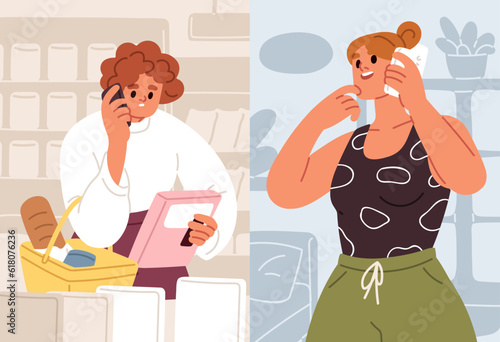 Women friends talking, speaking on mobile phone, cellphone. Busy person with ...