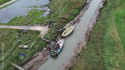 Aerial footage of boats moored inland at Gibraltar Point near Skegness