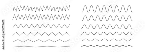 Set of wavy zigzag lines. Wave thin line background. Vector zigzag and wavy blue horizontal underline. Vector illustration 