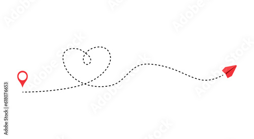 Paper plane with dotted line, Origami paper airplane, love Travel symbol, vector illustration