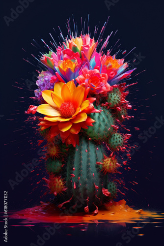 An vibrant image of a Cacti containing mescaline (e.g., Echinopsis lageniformis) splashed in bright paint,  Generative AI technology. photo