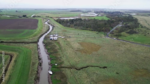 Aerial footage of boats moored inland at Gibraltar Point near Skegness